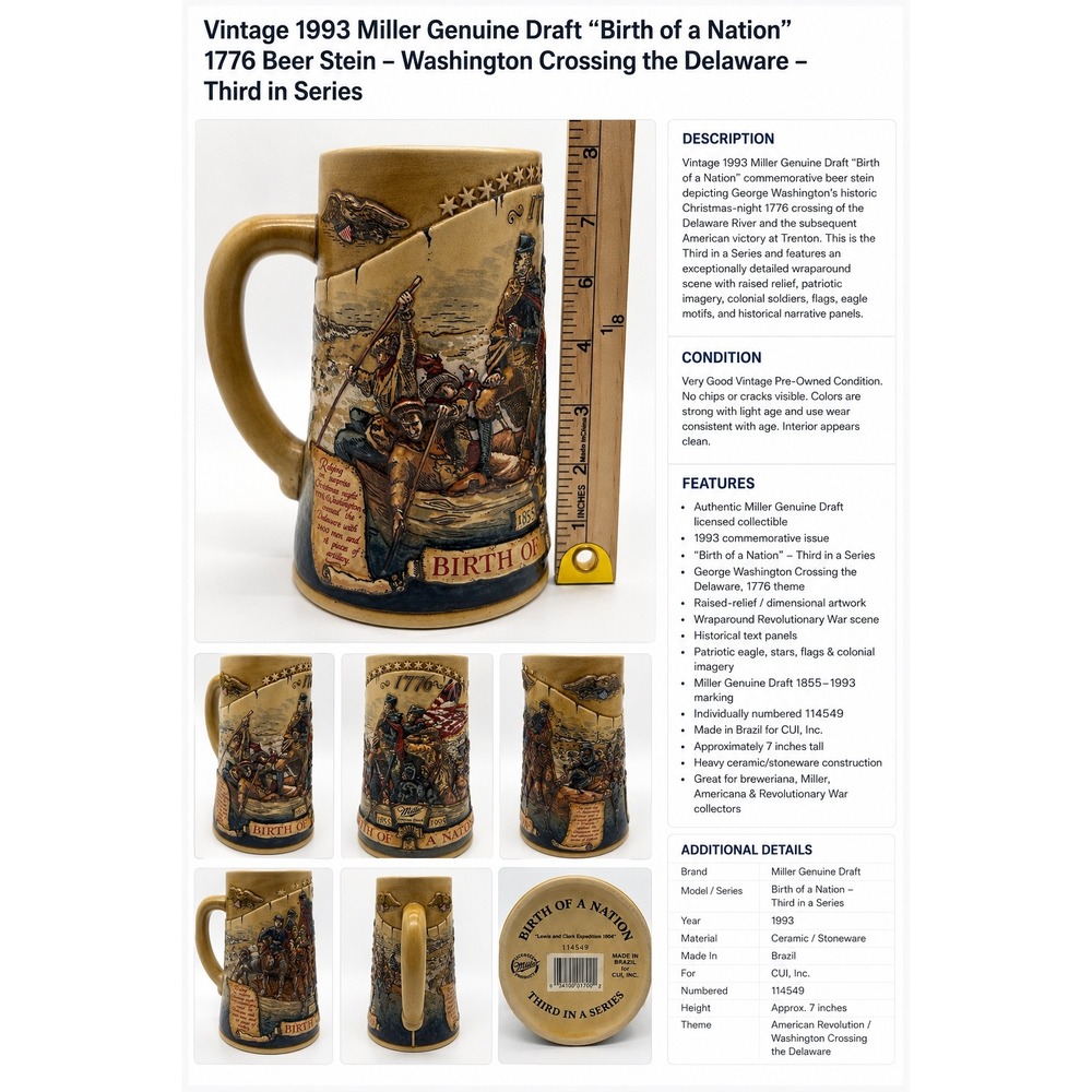 Miller Genuine Draft Birth of a Nation 1776 Washington Crossing Delaware Stein